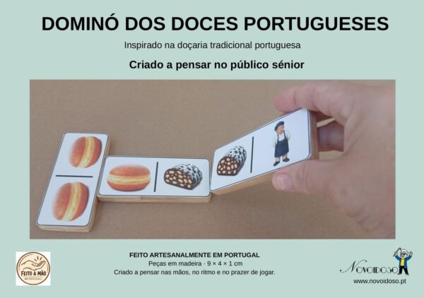 Dominó dos Doces Portugueses, jogo artesanal em madeira natural com peças ilustradas e capa verde Novoidoso.