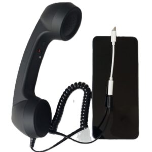 Auscultador retro preto para telemóvel com cabo espiral e base de apoio separada